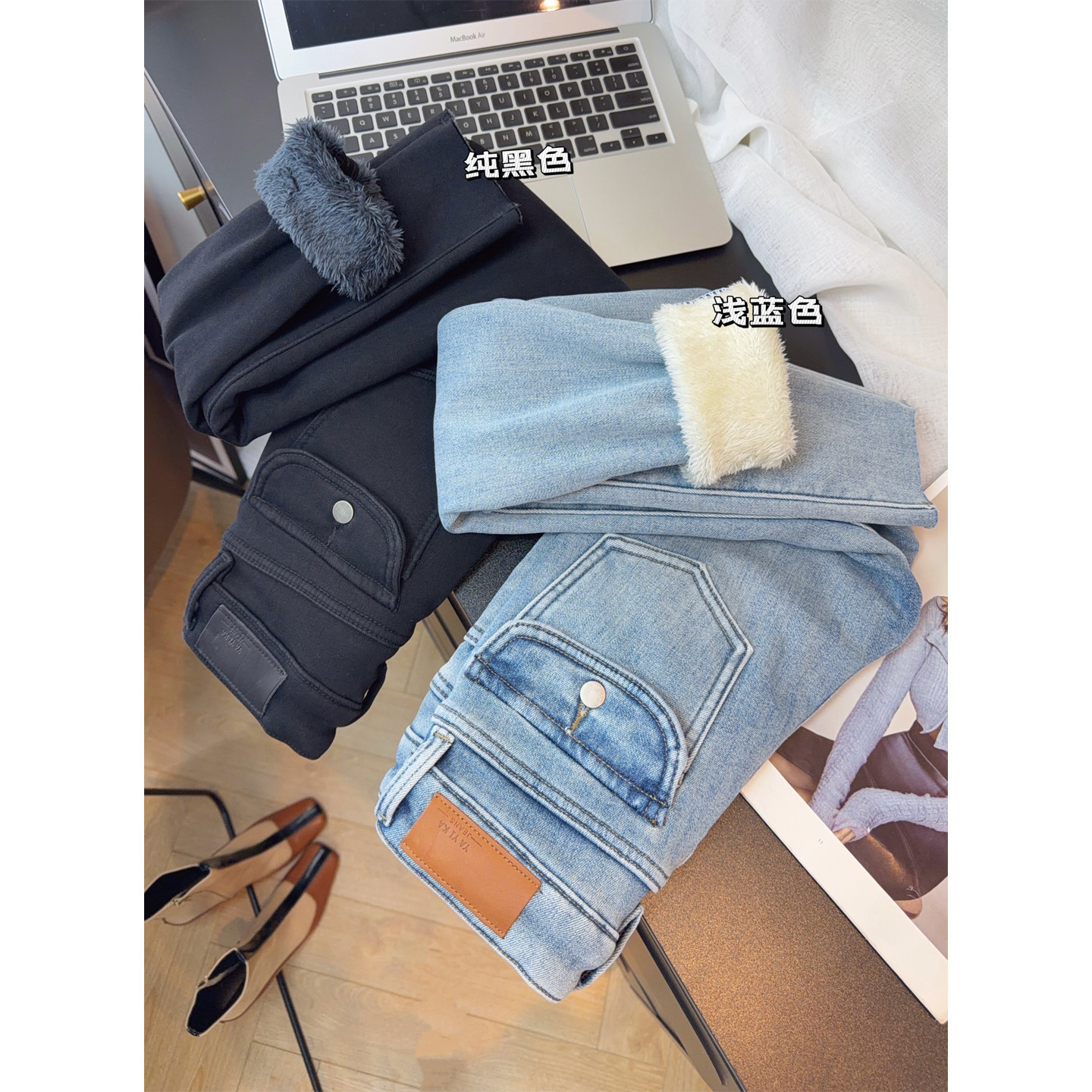 超厚绒辣妹风浅色加绒紧身牛仔裤