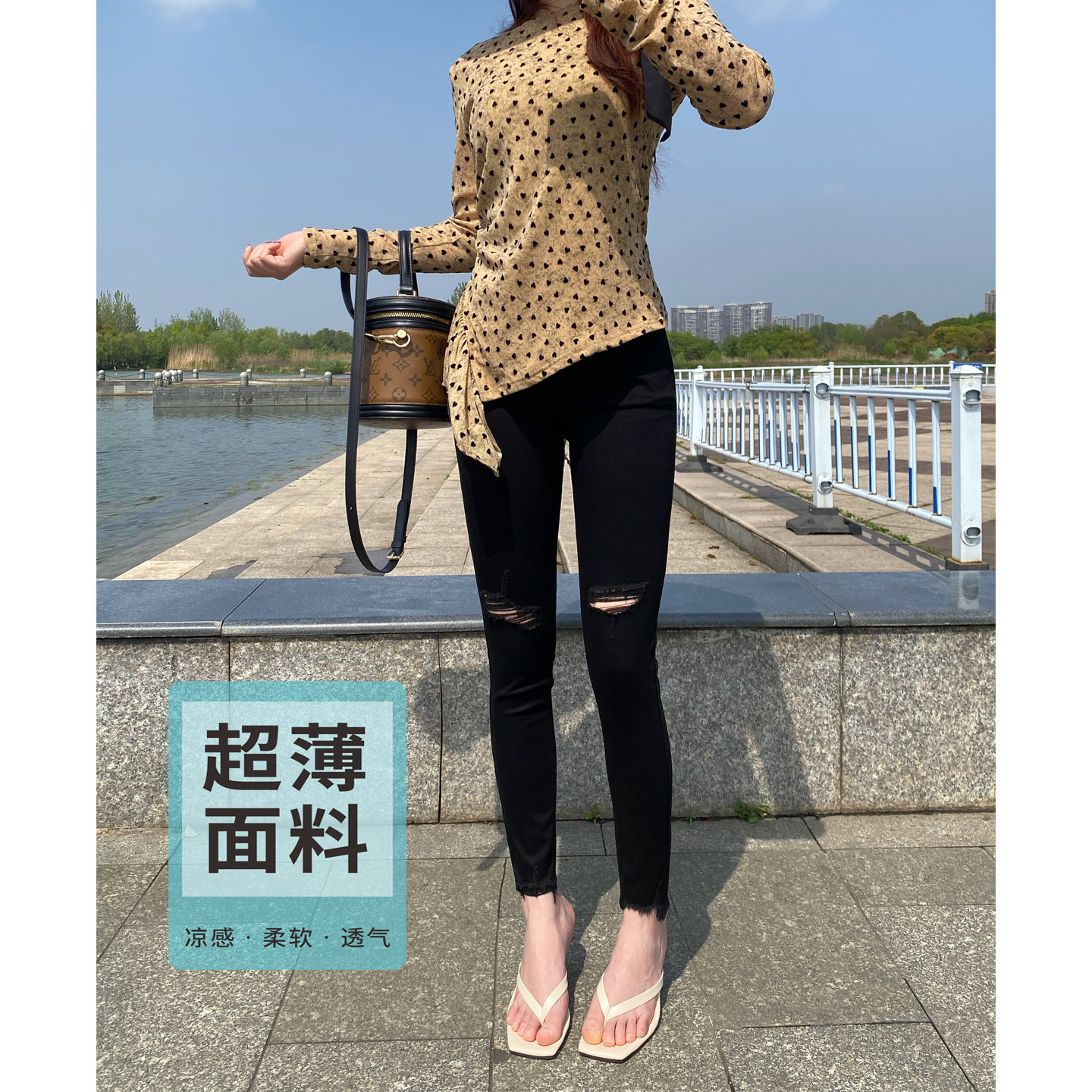 超薄面膜裤~黑色破洞牛仔裤女夏小个子高腰显瘦紧身小脚九分裤子