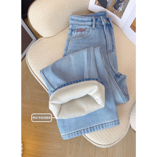 藏肉神裤~高品质浅色加绒阔腿牛仔裤女冬加厚宽松显瘦窄版直筒裤