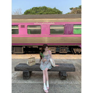 Mengling梦玲 夏日少女 蓝粉格纹吊带背心清爽系绳宽松无袖连衣裙