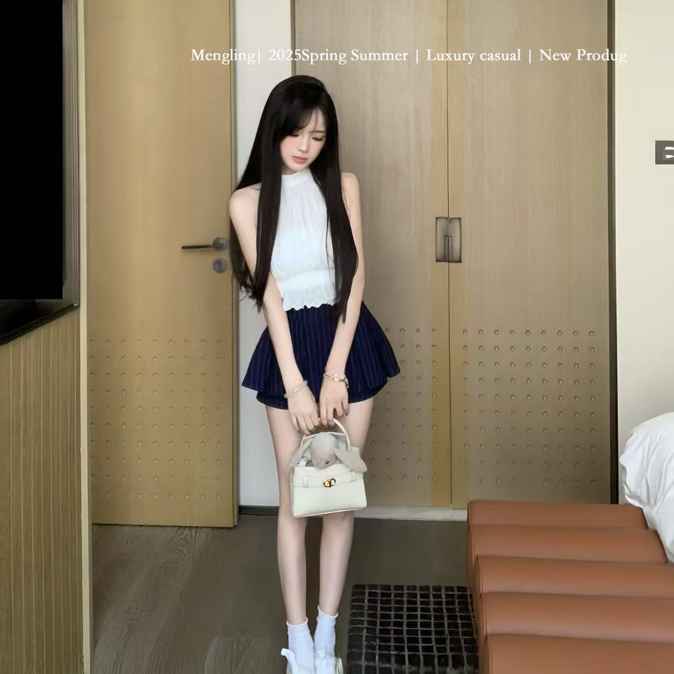 Mengling梦玲  纯氧少女  藏青韩系条纹夏季学院复古高腰半身裙裤