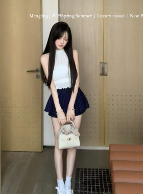 Mengling梦玲 纯氧少女 藏青韩系条纹夏季学院复古高腰半身裙裤
