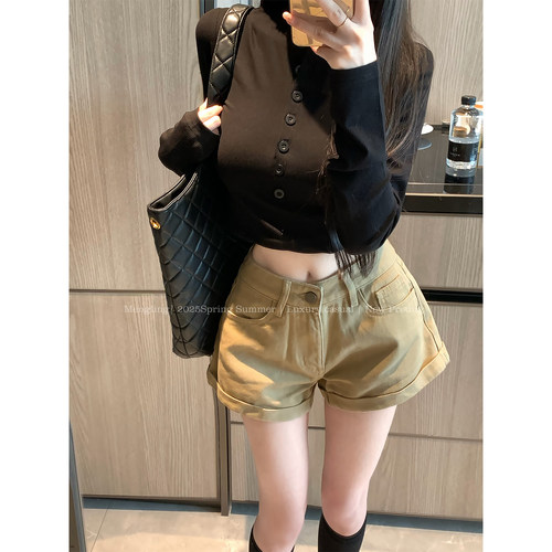 子Mengling 美式姐系 卡其色休闲牛仔短裤女百搭经典阔腿热裤