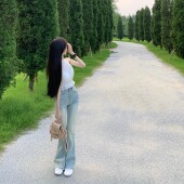 巨显腰臀比 高腰丰胯浅色韩版 修身 Mengling梦玲小个子 牛仔喇叭裤