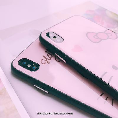 可爱卡通蝴蝶结猫iPhone7/8/X玻璃手机壳苹果6sp镜面外壳6s挂绳女