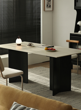 北欧洞石餐桌复古组合餐厅家用小户型现代简约长方形岩板实木饭桌