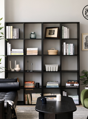 北欧日式实木格子柜自由组合落地矮书柜客厅隔断柜储物柜黑色书柜