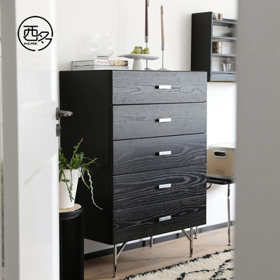 西多home 五斗柜实木橡木黑色客厅边柜北欧复古原木储物柜抽屉柜