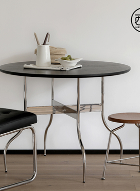 北欧实木圆桌现代简约日式原木家用餐桌不锈钢网红小户型吃饭桌子