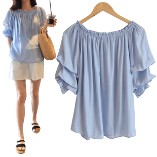 孕妇装夏装上衣短袖一字领娃娃衫短袖衬衫韩版宽松大码时尚潮妈