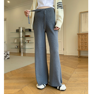 孕佳妮孕妇裤子冬装外穿秋冬季2025新款松紧腰坑条螺纹针织阔腿裤