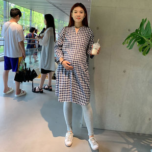 孕妇春装套装2026新款上衣长袖格子衬衫连衣裙打底裤两件套孕妇装