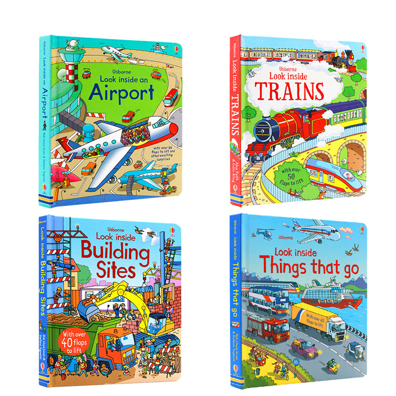 进口英文原版 Usborne看里面系列4册机场火车交通工具建筑工地Look Inside Airport Trains Building Sites绘本翻翻纸板书科普读物