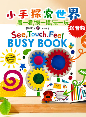 预售 See Touch Feel Busy Book 看一看摸一摸玩一玩忙碌启蒙机关操作书英文原版绘本亲子互动翻翻触摸纸板书感官启蒙认知齿轮可转