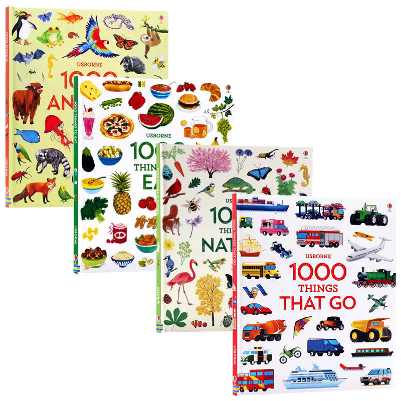 Usborne 1000个单词系列4册合售1000Things 动物/交通工具/食物/自然 英文原版绘本 科普百科读物英语单词精装大开图画书