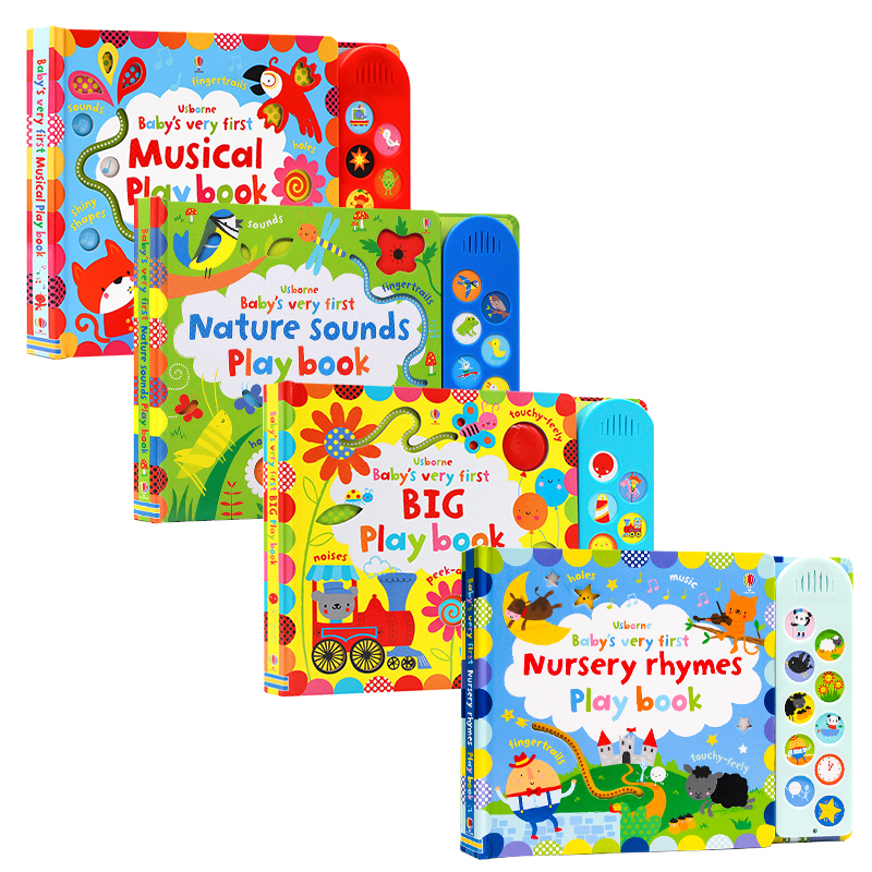 进口英文原版正版Usborne幼儿触摸发声书4册Baby's Very First Nature Sounds/Nursery Rhymes Play Book英语启蒙纸板翻翻洞洞书