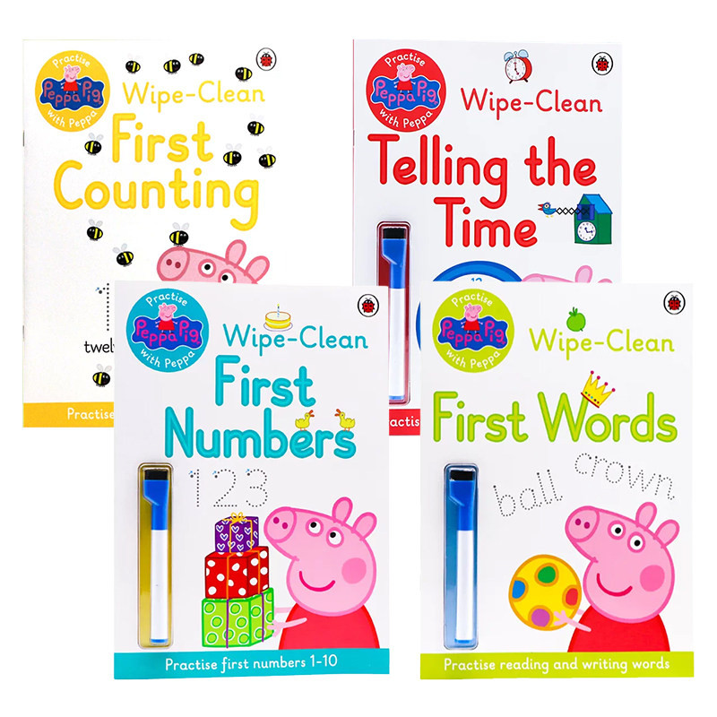 英文原版绘本 Peppa Pig Practise with Peppa Wipe-Clean 小猪佩奇粉红猪 可重复擦写4册  拼写单词书写时间数字刷刷笔擦擦笔书