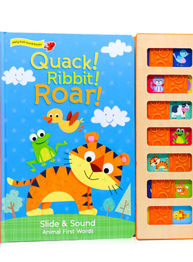 动物发声书Quack Ribbit Roar 英文原版绘本 木制滑块 记忆配对游戏 趣味发声书 动物认知启蒙 纸板大开触摸发声书 儿童低幼启蒙