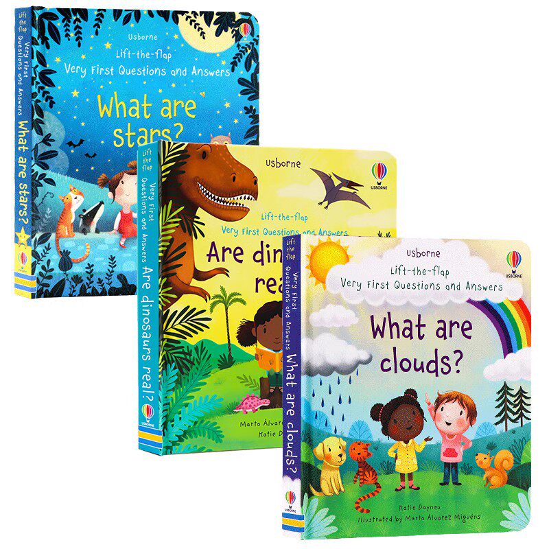 Usborne问与答翻翻书3册 英文原版绘本Lift-the-flap Questions and Answers What is Snow Clouds Stars 恐龙云星星 儿童科普认知
