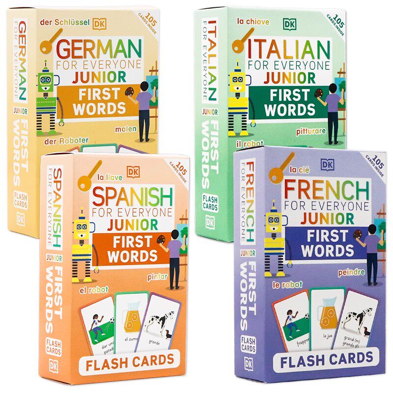 DK出版人人学100个基础单词4册 英文原版 First Words Flash Cards 西班牙语 意大利语 德语 法语 亲子互动学习卡基础词汇配图记忆
