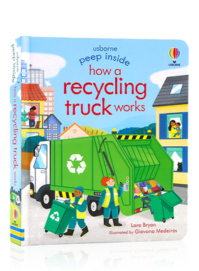 英文原版绘本 Peep Inside How a Recycling Truck Works 尤斯伯恩科普 Usborne偷偷看里面系列 回收车工作原理 纸板翻翻书洞洞书