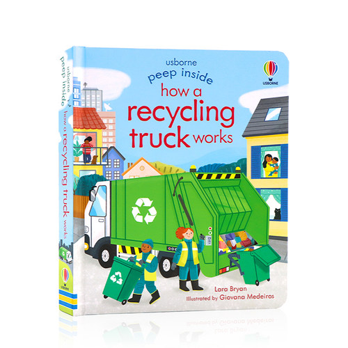 英文原版绘本 Peep Inside How a Recycling Truck Works 尤斯伯恩科普 Usborne偷偷看里面系列 回收车工作原理 纸板翻翻书洞洞书