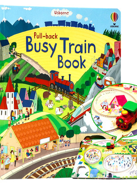 繁忙的火车轨道书 英文原版绘本 Usborne Pull-back Busy Train 儿童互动游戏读物 益智轨道书 wind-up同系列手动回拉玩具书大开