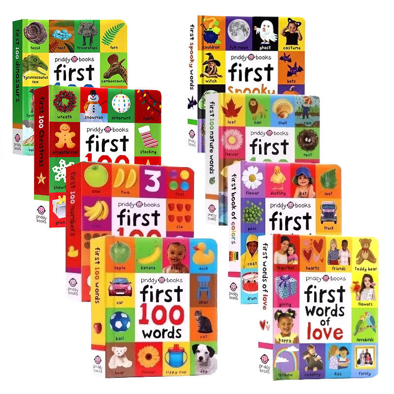 First 100系列8册 英文原版 Christmas/Colors/Numbers/Farm/Animals/Shapes/Trucks 亲子阅读启蒙纸板书 图解字词典 撕不烂