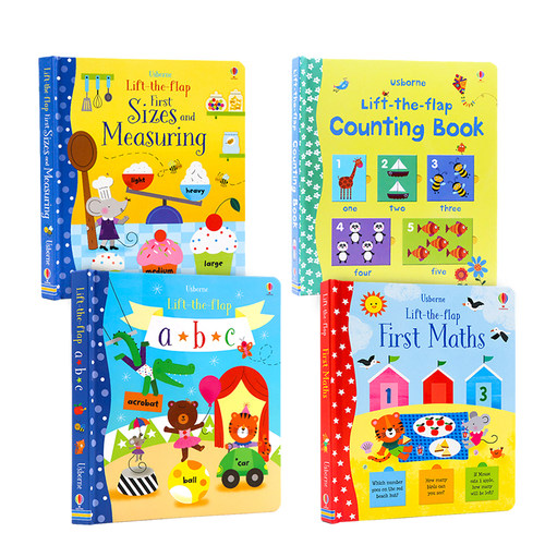 进口英文原版正版Usborne 数学字母计量翻翻书4册 Lift-The-Flap Counting/abc/Maths/Sizes Measuring亲子读物科普认知启蒙早教书