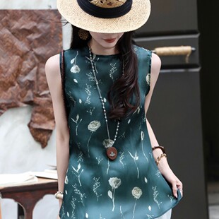 多多店2026夏上新绿底郁金香真丝欧根缎桑蚕丝背心YS286 G416