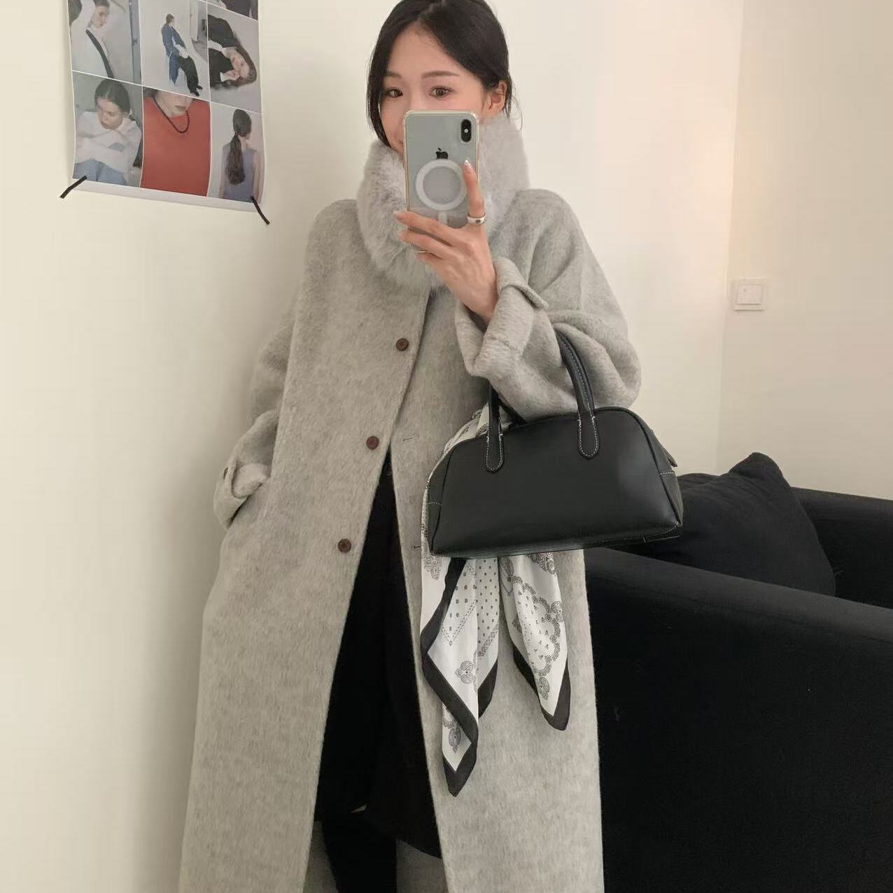 多多长款单排扣羊毛外套(配可拆卸狐狸毛领)（含68.7绵羊毛）8256