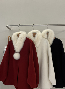 多多复古毛领围脖宽松廓形羊毛外套(配毛领围脖)（含10羊绒）FOO