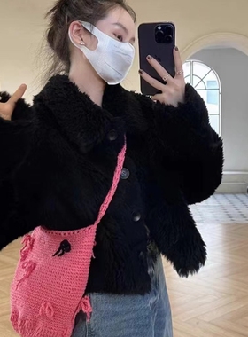 Beginning -皮草短款女翻领黑色羊毛外套（含100羊毛）Q多25-2488