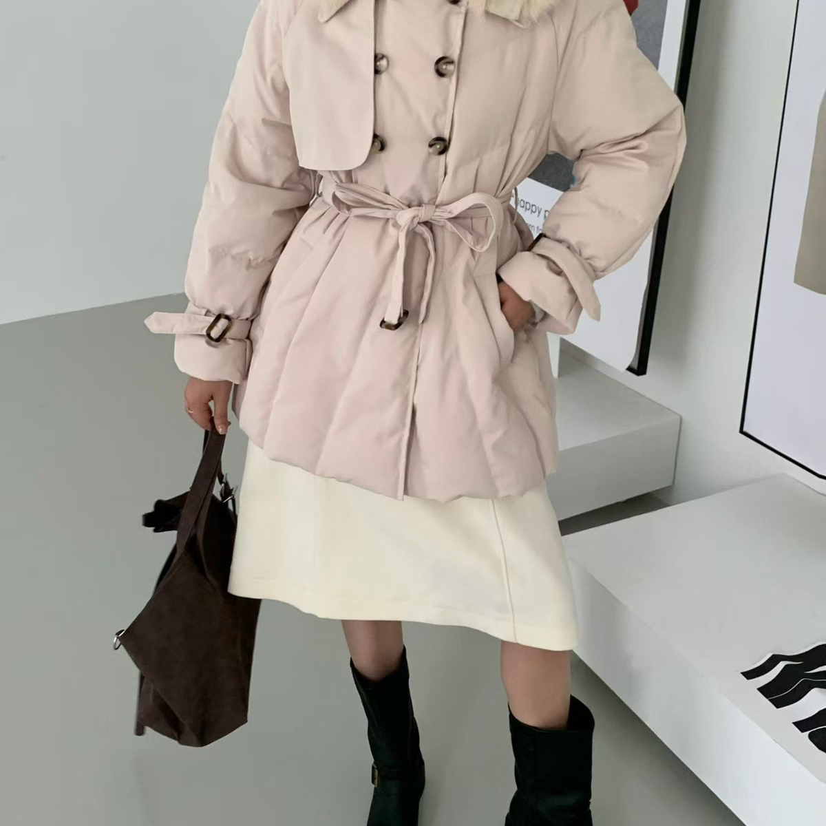 多多小众扣宽松保暖羽绒服外套(配毛领可拆卸腰带)YS1-8509