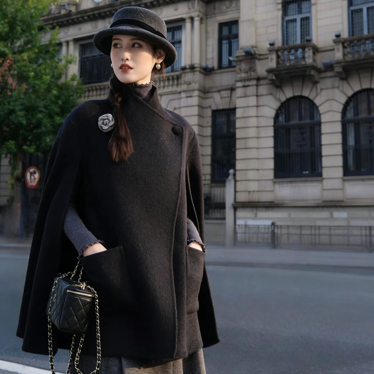 多多通勤气质斗篷式宽松百搭羊毛外套(配胸针)（含100羊毛）n161