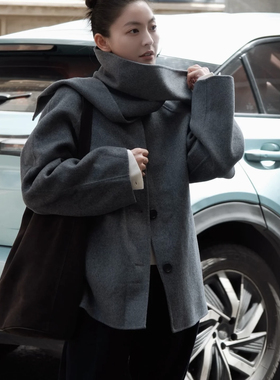 多多店围巾领双面羊毛呢大衣大衣(配围脖)(含78.2羊毛)QF27-028