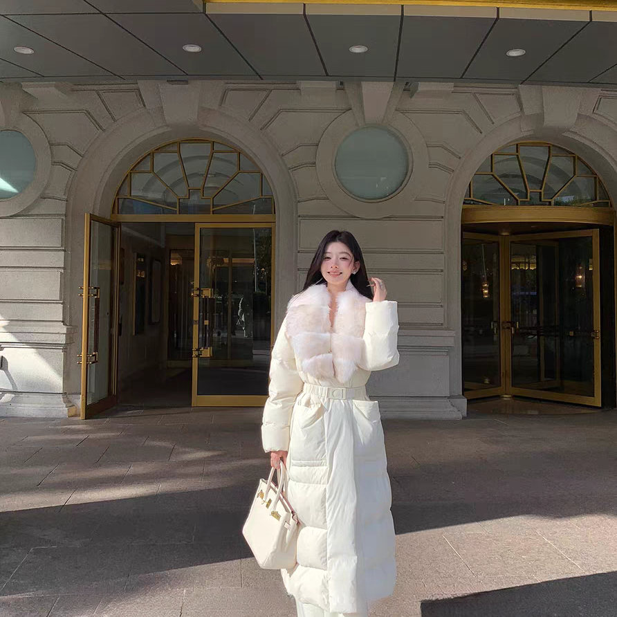 多多系带过漆长款保暖羽绒服外套(配腰带,可拆卸狐狸毛领)J2428