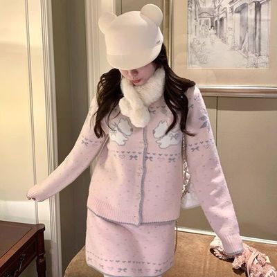 多多店尔岛小狗提花保暖毛衣+毛织短裙半身裙两件套装H7798