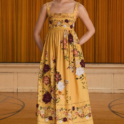 多多26夏上新度假风黄色系花卉印花长款吊带连衣裙ZL-XK250915