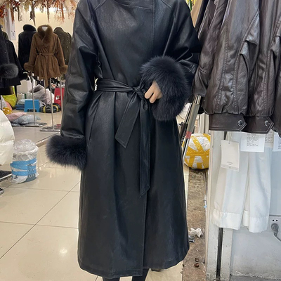 多多长款风衣保暖羽绒服外套(配可拆卸真狐狸毛袖口,腰带)8809