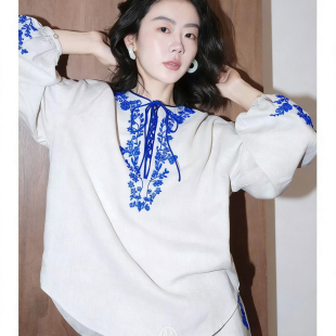 多多店26年夏上新南法奢贵钉珠刺绣度假风系带亚麻小衫 多X832 YS2