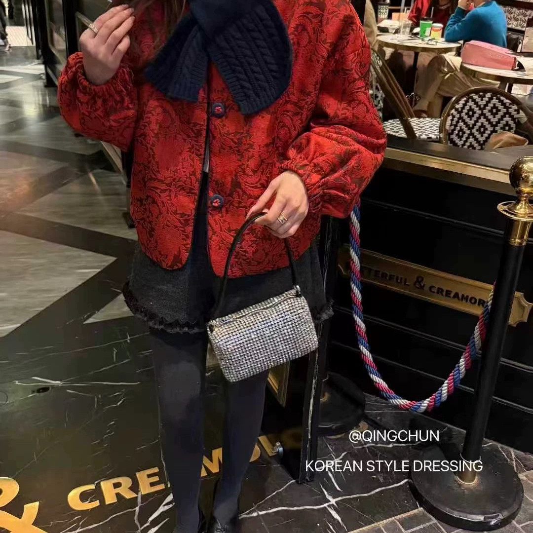 多多针织围巾国风提花白鸭绒加厚保暖羽绒服外套(配围脖)Y多Y-027