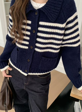 多多店冬上新条纹口袋开衫休闲保暖毛衣（含100羊毛）26652