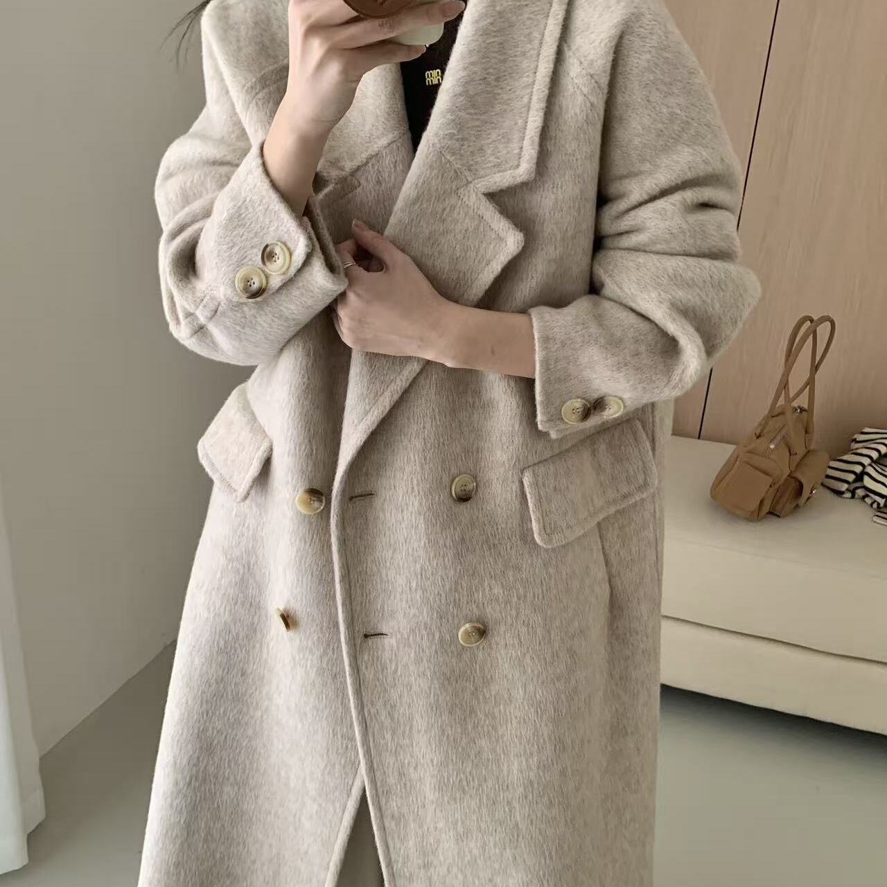 多多仙韩版简约经典双排扣设计简约羊毛外套（含80.7绵羊毛）8818