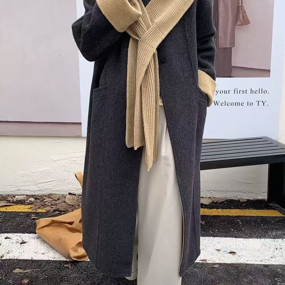 多多懒气质大牌长款羊毛外套(配可拆卸针织披肩)（含100羊毛）600