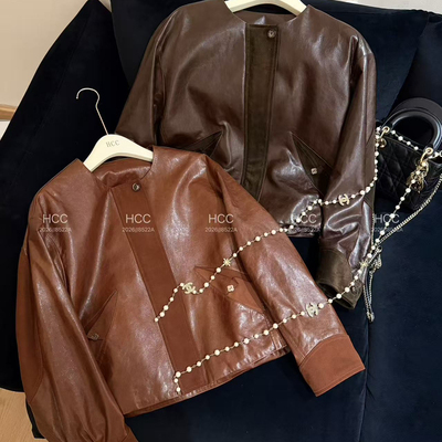 多多油蜡皮拼接羊反绒圆领短款皮衣(无配件)129-005