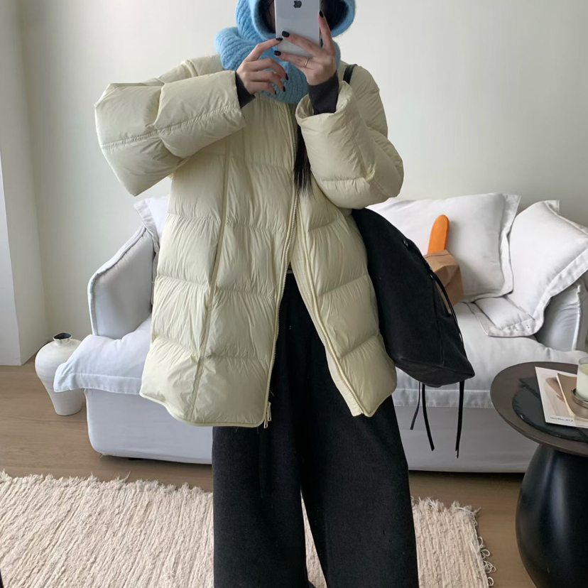 多多店-冬上新简约韩系立领宽松绗缝中长款保暖羽绒服外套9098