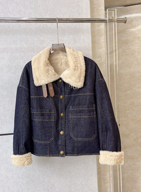 多多设计可甜心爆款牛仔拼接环保毛短外套加厚保暖牛仔外套26425