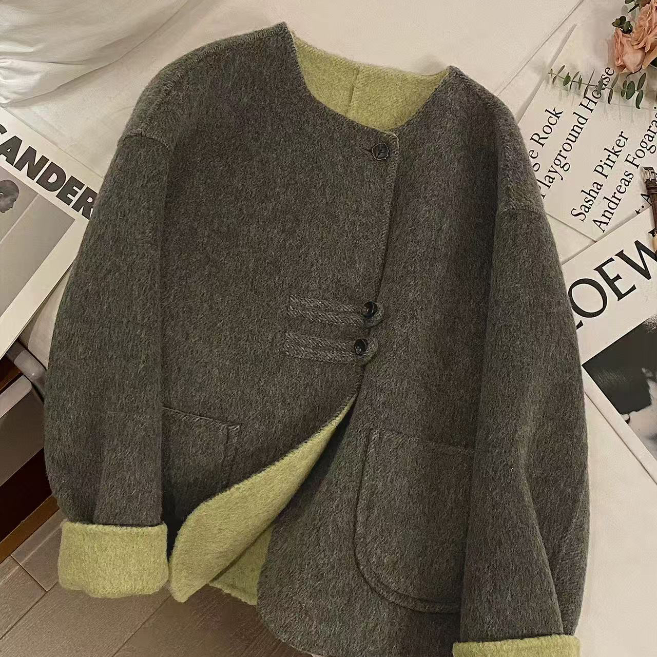 多多韩标韩系圆领设计感高密双面羊毛外套（含100羊毛）n284