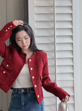多多冬上新小香风红色粗花呢短款保暖羽绒服外套TF73281